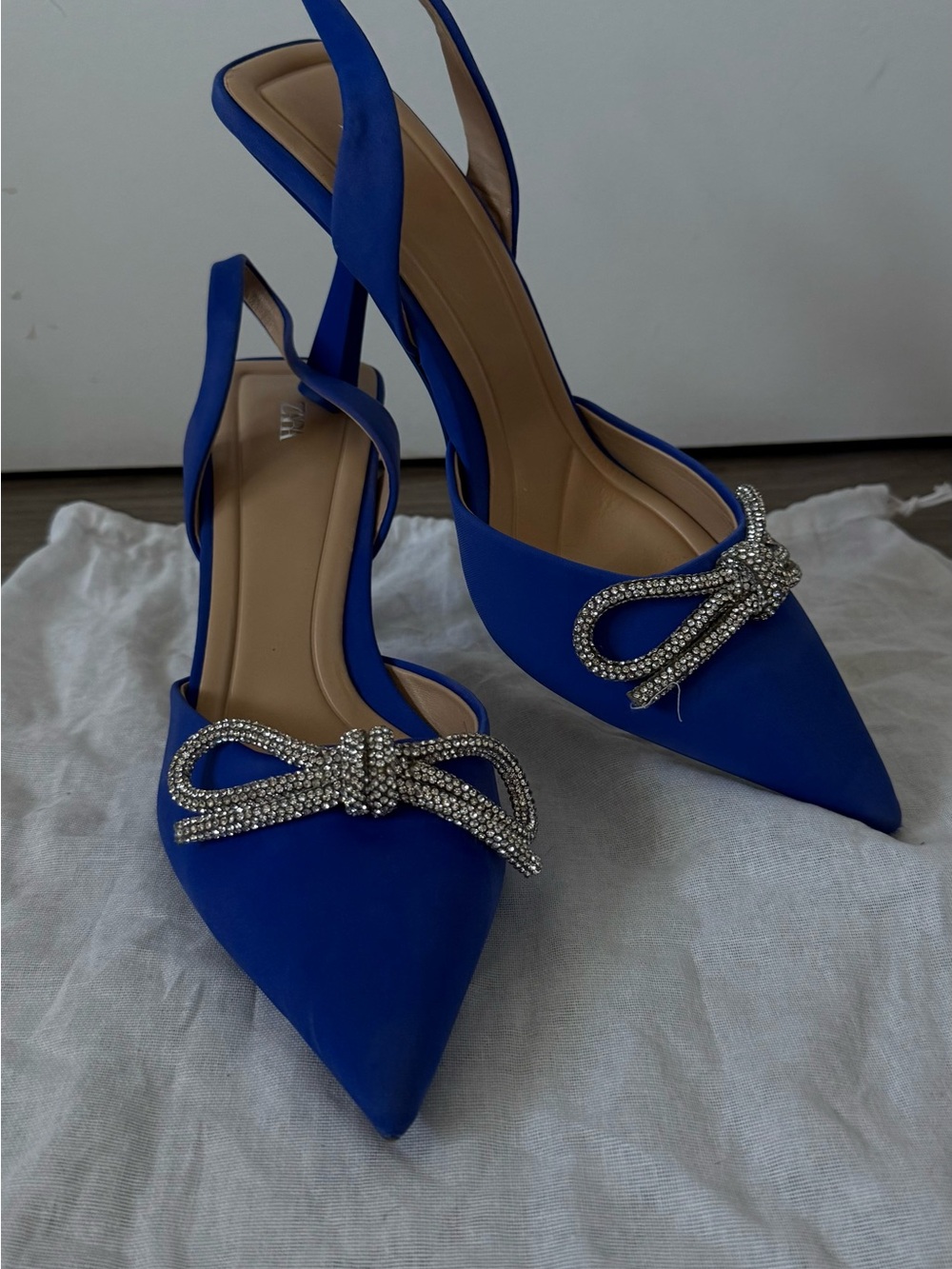 ZARA Blue Satin Rhinestone Bow Heels | Mach & Mach Inspired | Size 41 EU 10 US